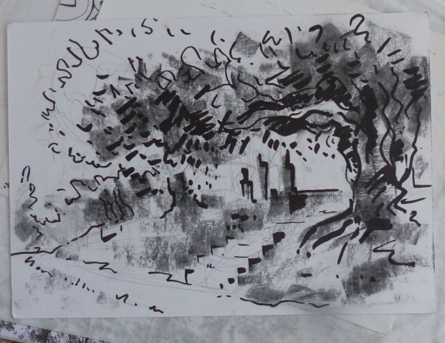 A drawing in charcoal and black ink of the holm oak trees and path in Greenbank Cemetery