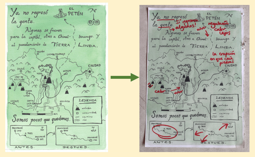 Two pages: to left, an illustrated map of an exodus; to right, the map corrected through conversations with local people